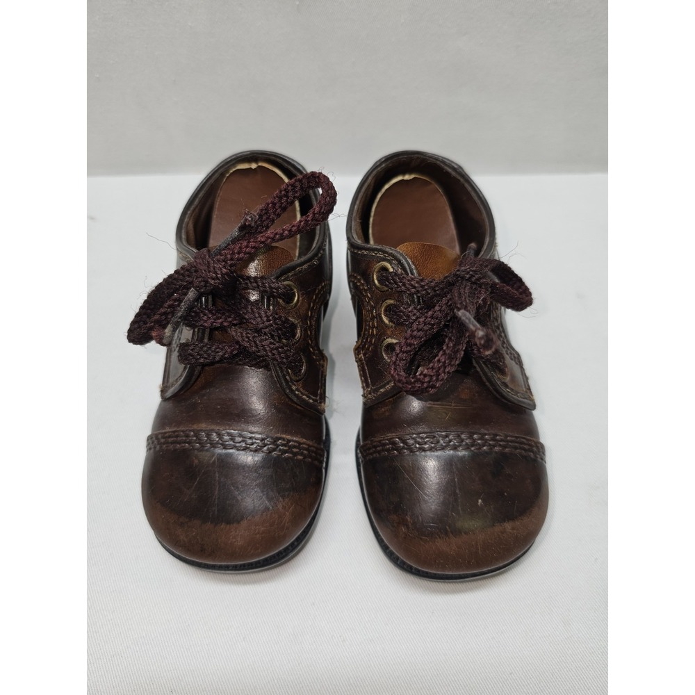 Vintage 1950s Toddler Leather Shoes Brown Lace Up Oxfords Hard Sole Cap Toe
